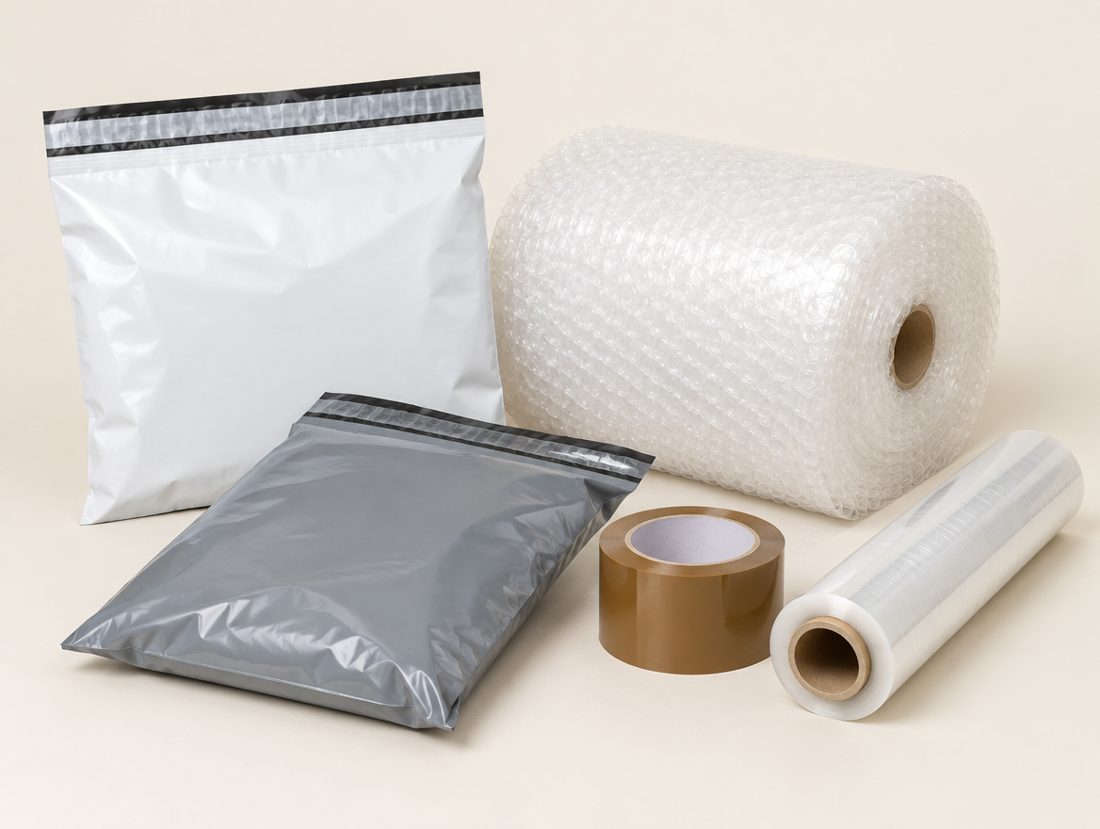 Courier covers, bubble roll, tape and stretch film