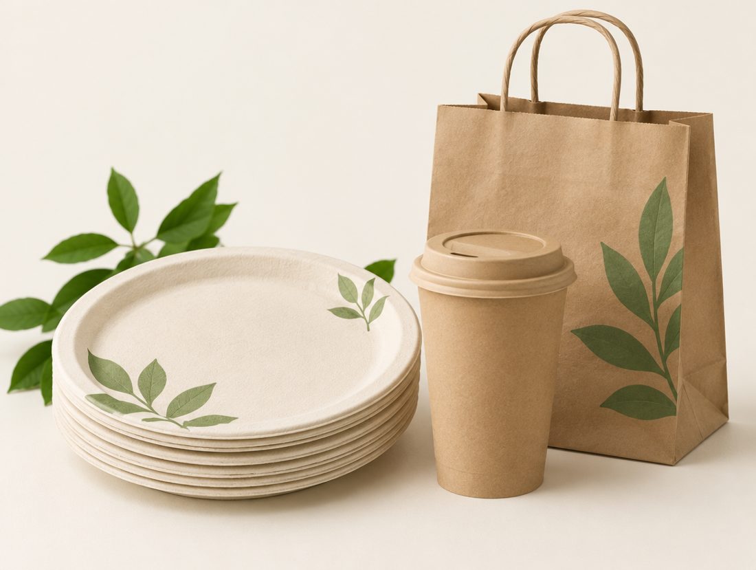 Bagasse plates, kraft paper cup and carry bag
