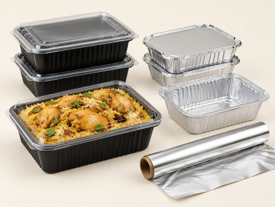 Food containers, foil trays and foil roll