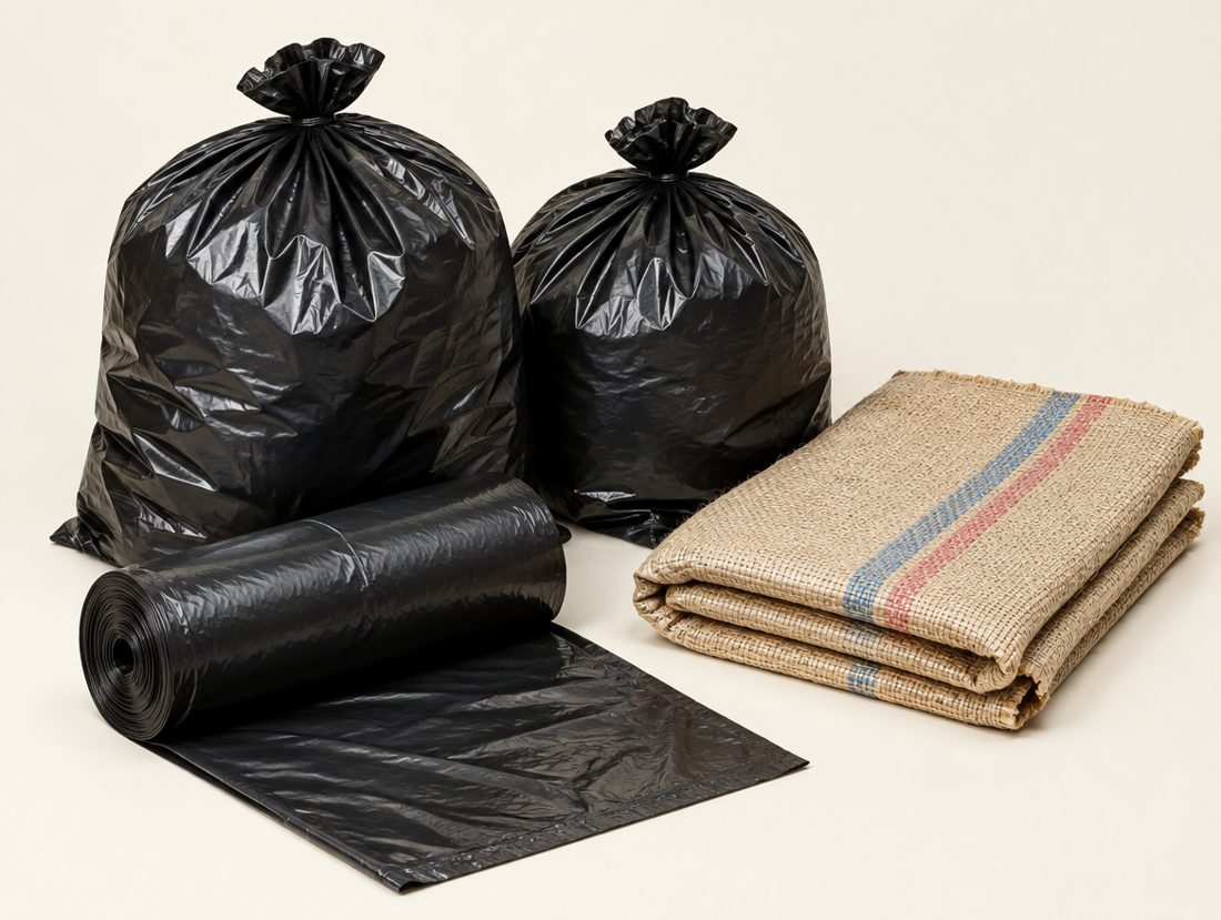 Black garbage bags and raffia sack