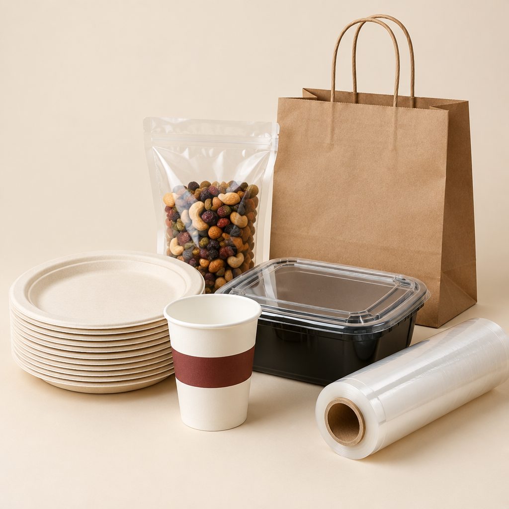 DGM packaging products: bagasse plates, paper cup, food container, zip pouch, kraft carry bag and stretch film