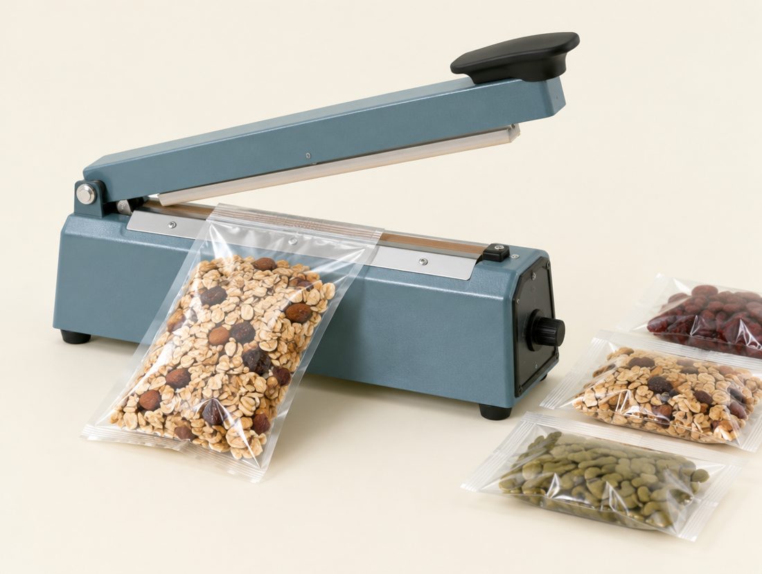 Heat sealing machine with sealed pouches
